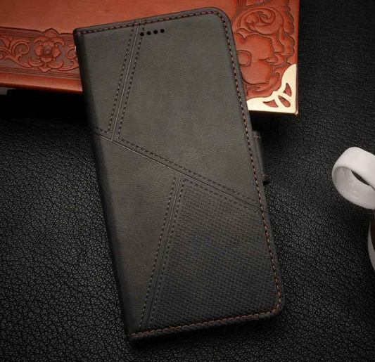 Techplus Samsung Galaxy S26 Plus flip wallet case in black cowhide with dot pattern, offering stylish protection for mobile phones.