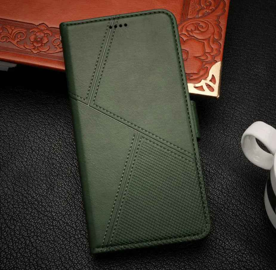 Techplus Samsung Galaxy S26 Ultra flip wallet case in black with cowhide dot pattern, providing stylish protection for mobile phones.