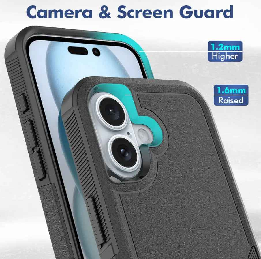 Techplus iPhone 16 dual-layer armor hard phone case showing rugged exterior and precise cutouts for buttons and camera.