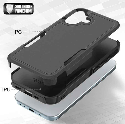 Techplus iPhone 16 dual layer armor hard case showing reinforced edges and textured back for added protection.