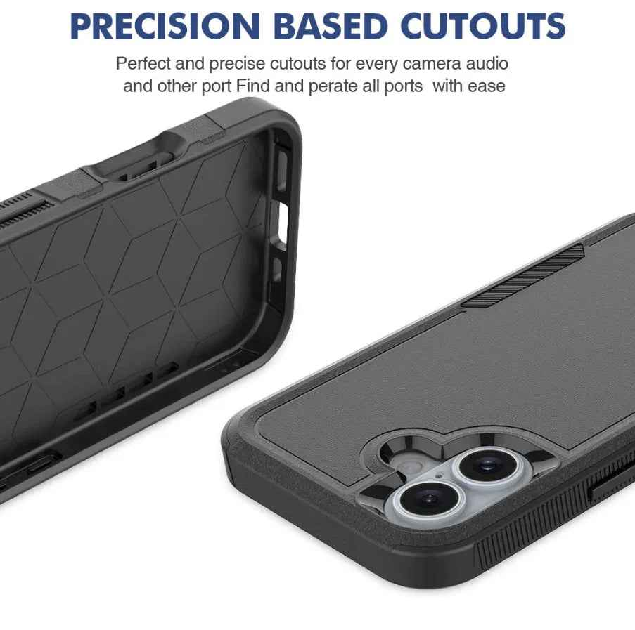 Techplus iPhone 16 dual-layer armor hard case showing rugged black and gray design providing durable protection.