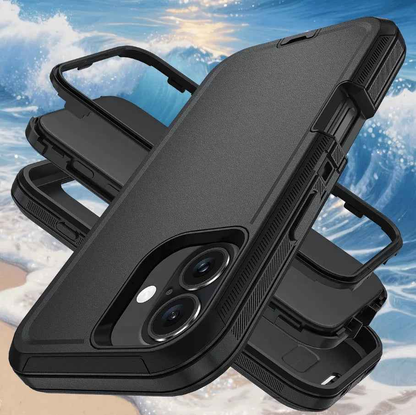 Techplus iPhone 16 heavy-duty shockproof mobile phone case showing reinforced edges and textured back for protection and grip.