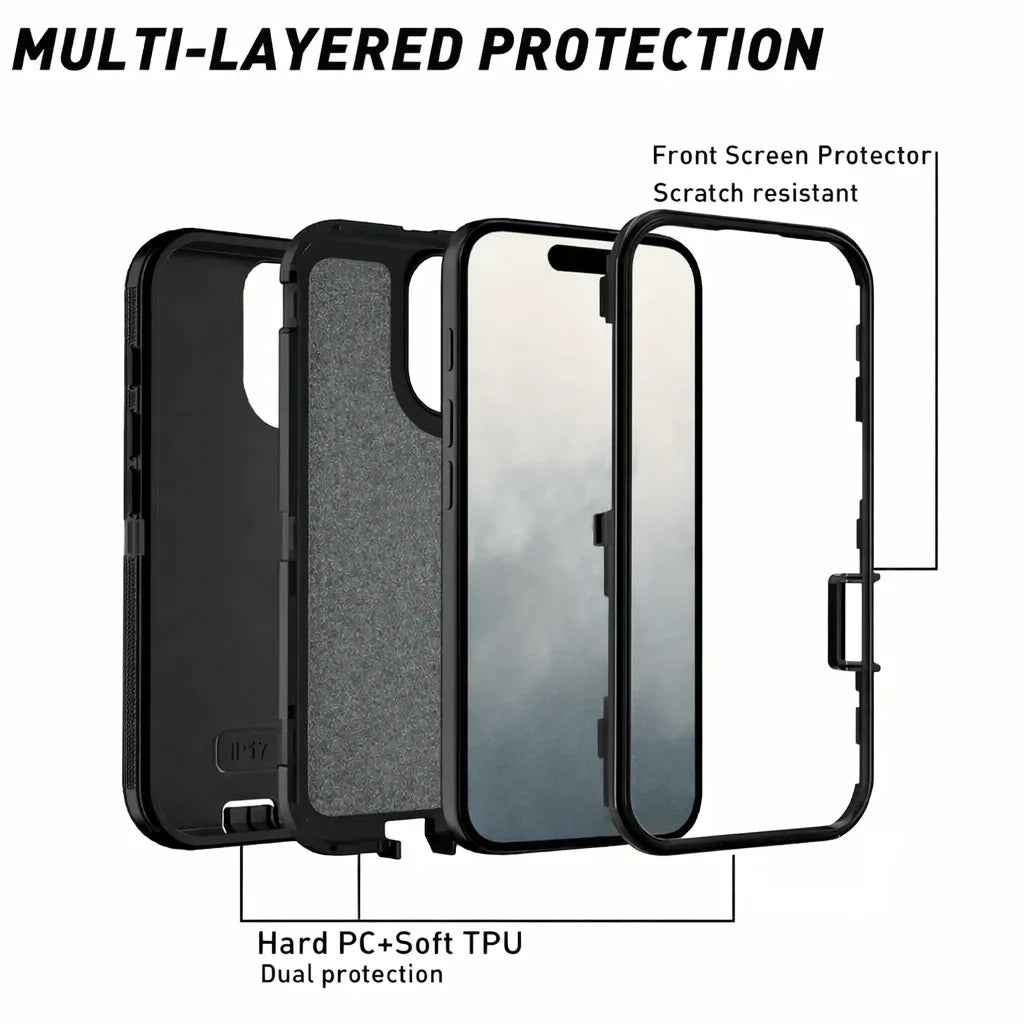 TechPlus iPhone 16 heavy-duty shockproof mobile phone case showing rugged design and reinforced edges for protection.