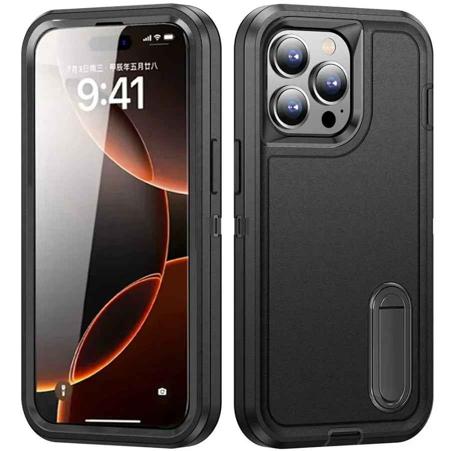 Techplus iPhone 16 Pro Max triple layer armor hard case with kickstand, offering durable protection and hands-free viewing.