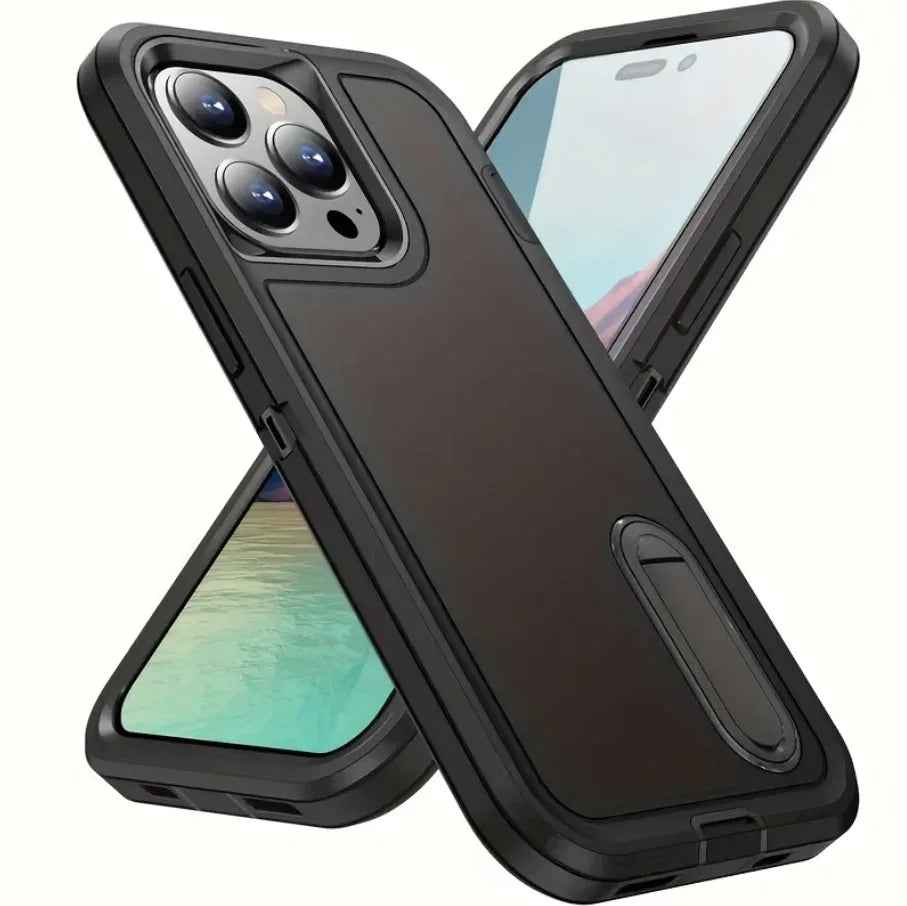 Techplus iPhone 16 Pro Max triple layer armor hard case with kickstand, showing rugged protection and built-in stand for convenience.