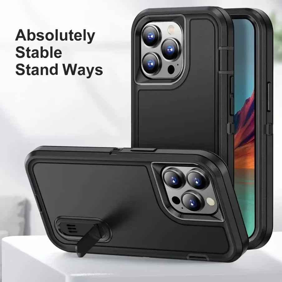 Techplus iPhone 16 Pro Max triple-layer armor hard case with built-in kickstand, featuring durable protection and precise cutouts.