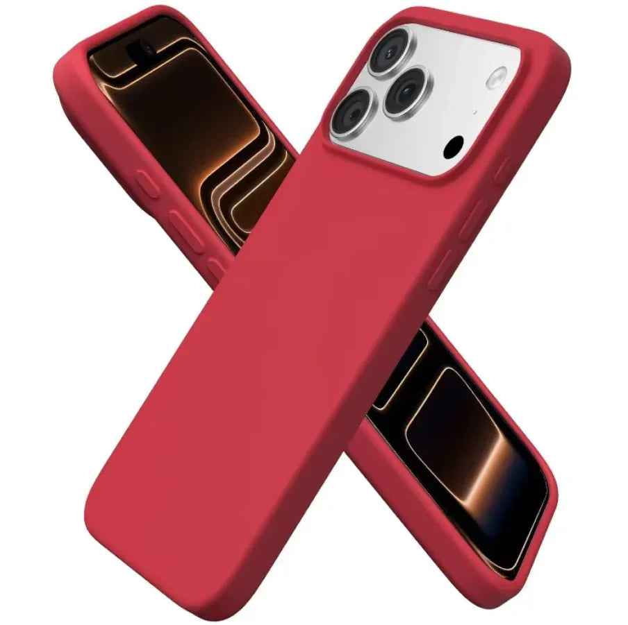 Red silicone case for iPhone 17 Pro Max by techplus, soft protective cover with snug fit and smooth finish.