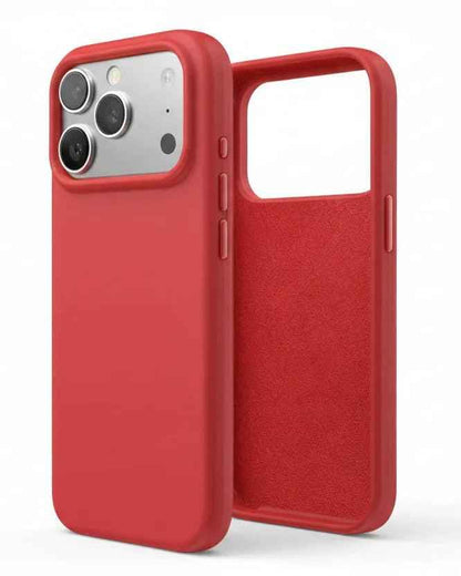 Red silicone mobile phone case for iPhone 17 Pro Max by techplus, soft protective cover with a smooth finish.