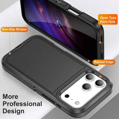 Techplus iPhone 17 Pro triple layer armor hard case showing rugged black design with reinforced edges for protection.