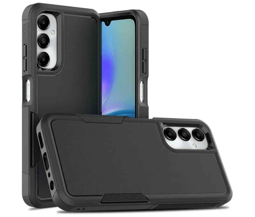 Black Samsung Galaxy A05 dual-layer armor hard case by techplus, providing rugged protection for mobile phones.