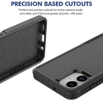 Samsung Galaxy A06 4G dual layer black armor hard phone case by techplus, provides rugged protection for mobile device.