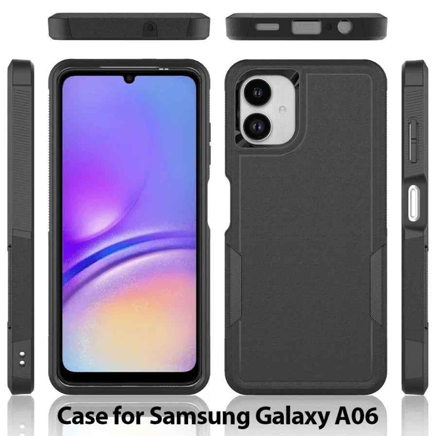 Black Samsung Galaxy A06 4G dual layer armor hard phone case by techplus, offering rugged protection for mobile devices.