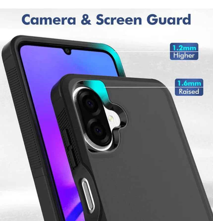 Black Samsung Galaxy A07 dual-layer armor hard case by techplus, providing durable protection for mobile phones.