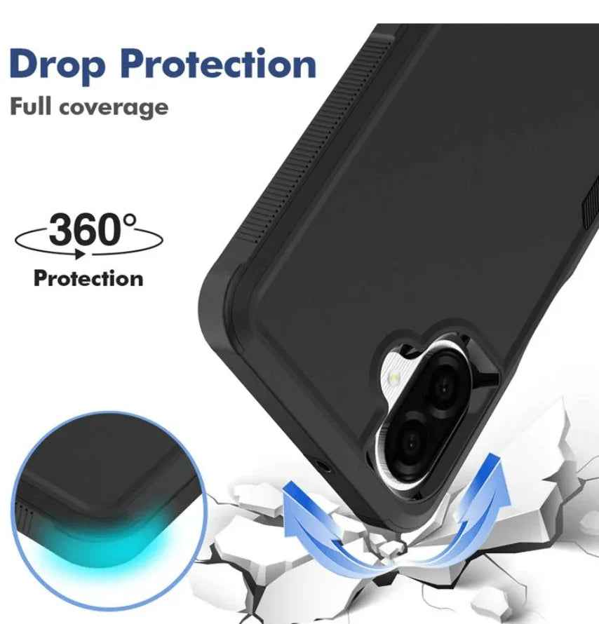Black Samsung Galaxy A07 dual-layer armor hard case by techplus, providing durable protection for mobile phones.