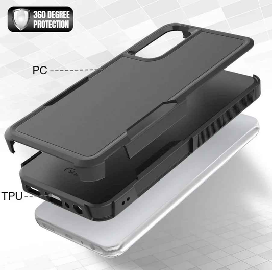 Black Samsung Galaxy S20 FE dual layer armor hard case by techplus, providing durable protection for mobile phones.