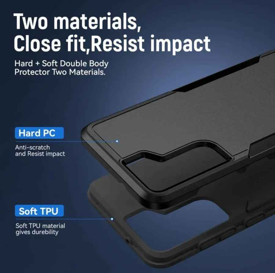 Black Samsung Galaxy S21 FE mobile phone case with dual-layer armor design by techplus, offering sturdy protection.