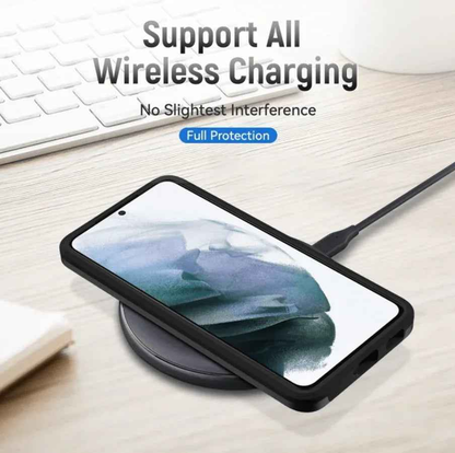 Black Samsung Galaxy S21 FE dual layer armor hard case by techplus, providing durable protection for mobile phones.