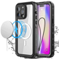 Techplus MagSafe waterproof shockproof case for iPhone 15 Pro Max in red, with rugged protective design and precise cutouts.