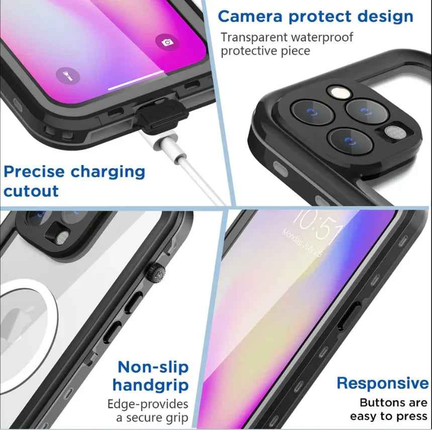 Techplus MagSafe waterproof shockproof case for iPhone 15 Pro Max in red, showing the protective design and vibrant color.