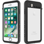 Black waterproof case for iPhone SE by TechPlus, designed for secure protection and durability.