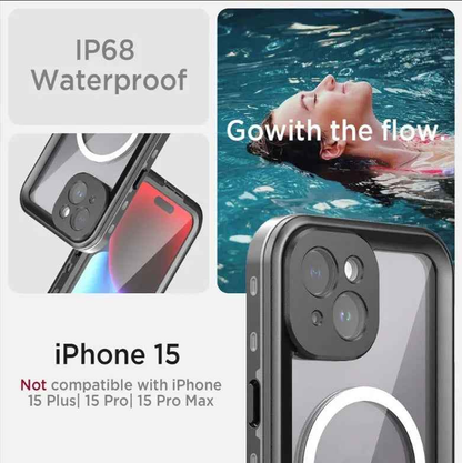 Clear waterproof and shockproof iPhone 15 case by techplus, showing the protective cover’s transparent design and rugged build.
