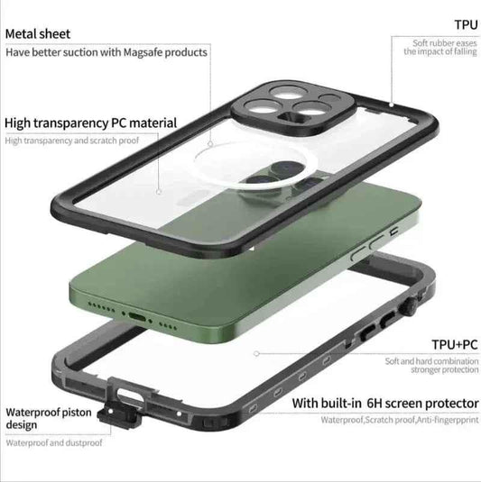 Techplus waterproof and shockproof clear case for iPhone 16 Pro Max, providing durable protection and easy access to ports.