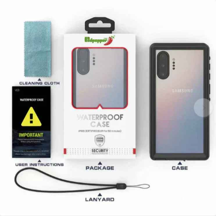 Techplus waterproof and shockproof case for Samsung Galaxy Note 10, showing the durable protective design and clear material.