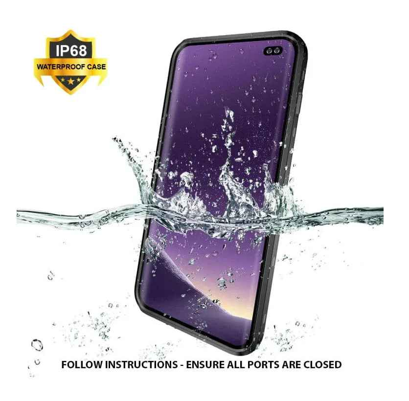 Techplus waterproof shockproof case for Samsung Galaxy S10 Plus, showing rugged protective design and clear front cover.