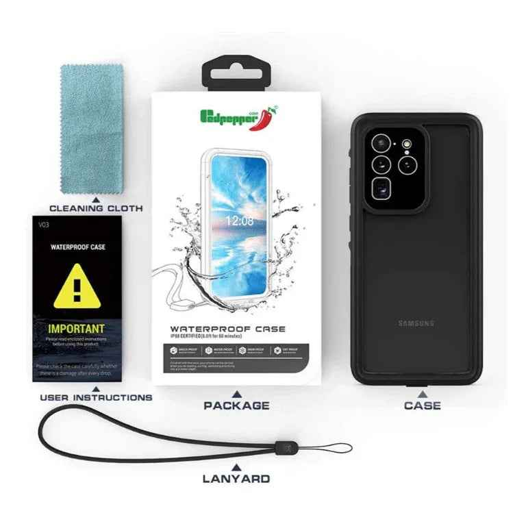Techplus waterproof and shockproof phone case for Samsung Galaxy S20 Plus, showing rugged protection and clear front design.
