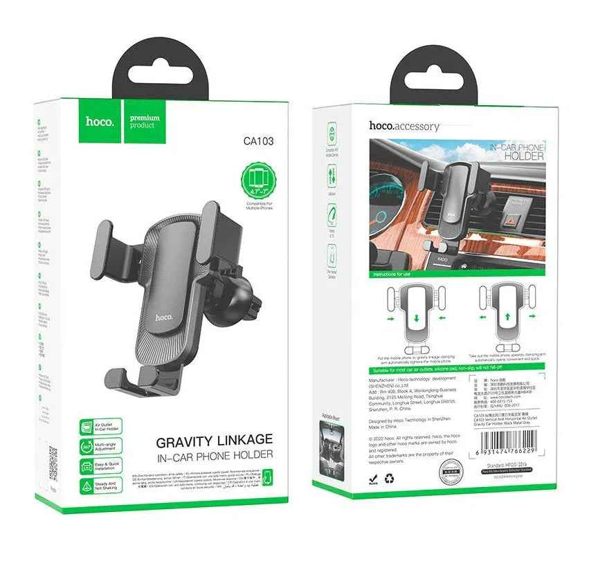 Techplus Hoco CA103 Gravity Car Air Vent Phone Holder with automatic clamp for 4.5-7 inch smartphones, mounted on a vehicle air vent.