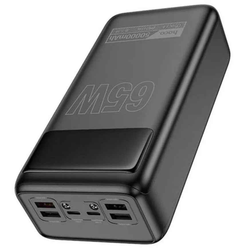 Techplus 65W PD+QC portable power bank with LED display, torch light, and 50000mAh capacity for charging devices on the go.
