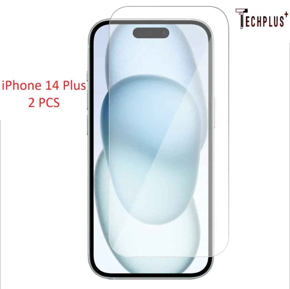 Techplus iPhone 14 Plus glass screen protectors, 2-pack, showing clear, tempered glass covers for the iPhone 14 Plus screen protection