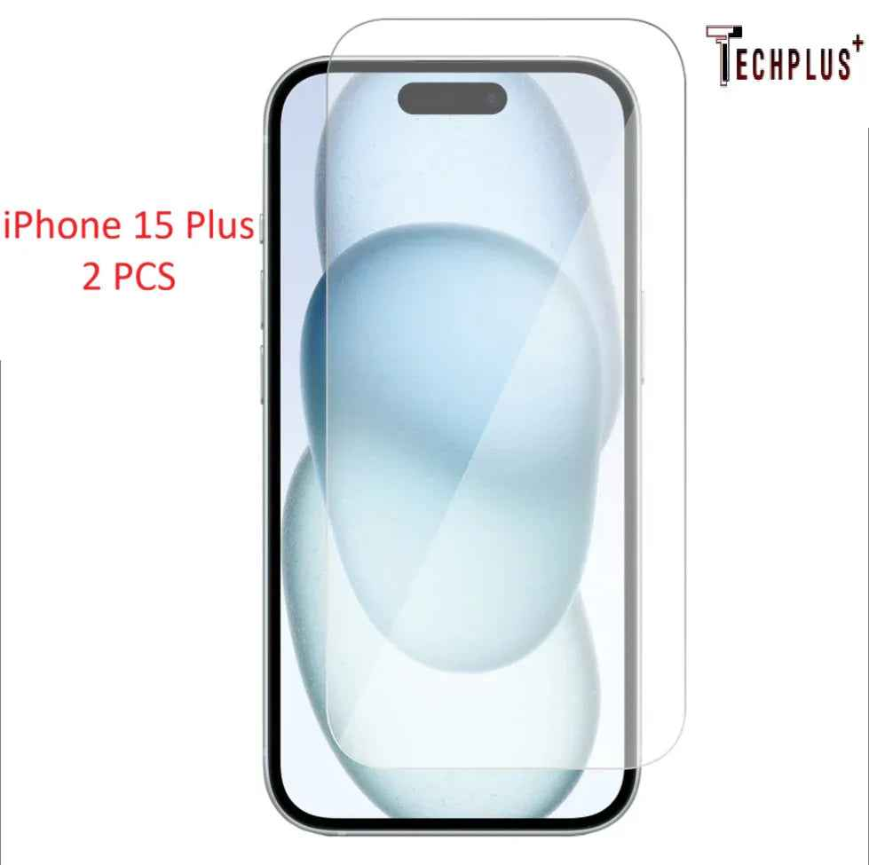 Techplus iPhone 15 Plus glass screen protectors, 2-pack, designed to shield the phone's display from scratches and cracks.