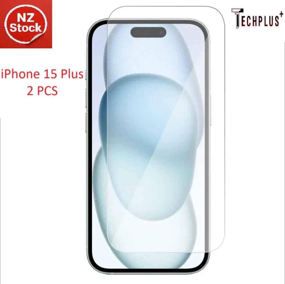 Two techplus glass screen protectors for iPhone 15 Plus, clear and durable protection for smartphone screens.