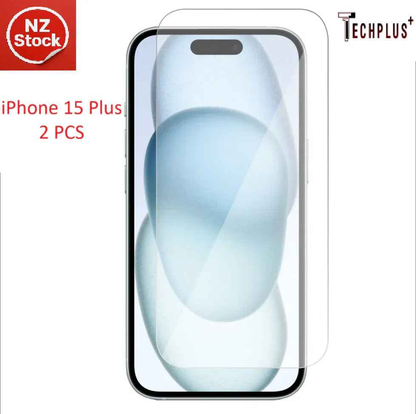 Two techplus glass screen protectors for iPhone 15 Plus, clear and durable protection for smartphone screens.