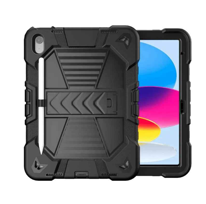 Black rugged TechPlus tablet case for iPad 10th/11th gen with shockproof design, stand, and pencil holder.