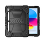 Black rugged TechPlus tablet case for iPad 10th/11th gen with shockproof design, stand, and pencil holder.