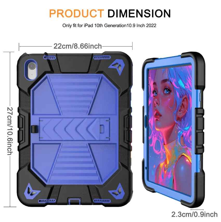 Black techplus Rugged iPad 10th/11th Gen case with shockproof design, stand, and pencil holder for 10.9-inch tablets.