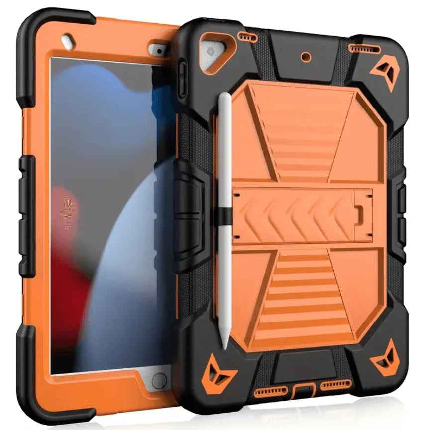 Black rugged TechPlus iPad 10th/11th Gen case with shockproof cover, stand, and pencil holder for 10.9-inch tablets.