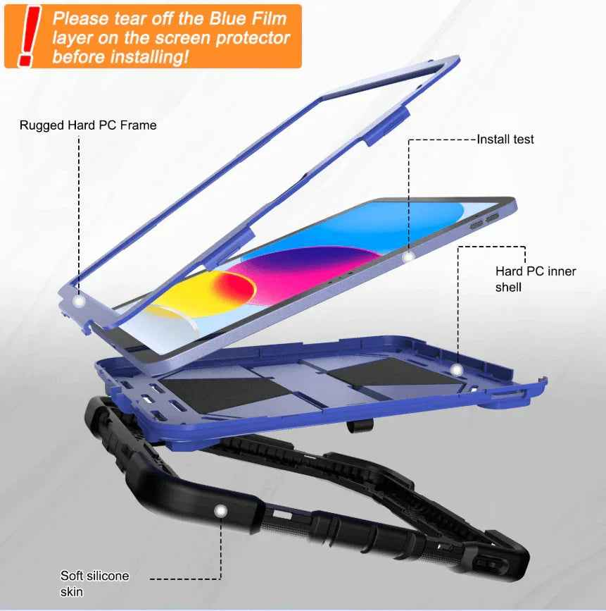 Black rugged iPad 10th/11th gen case by techplus with shockproof cover, stand, and pencil holder for tablet protection and convenience.