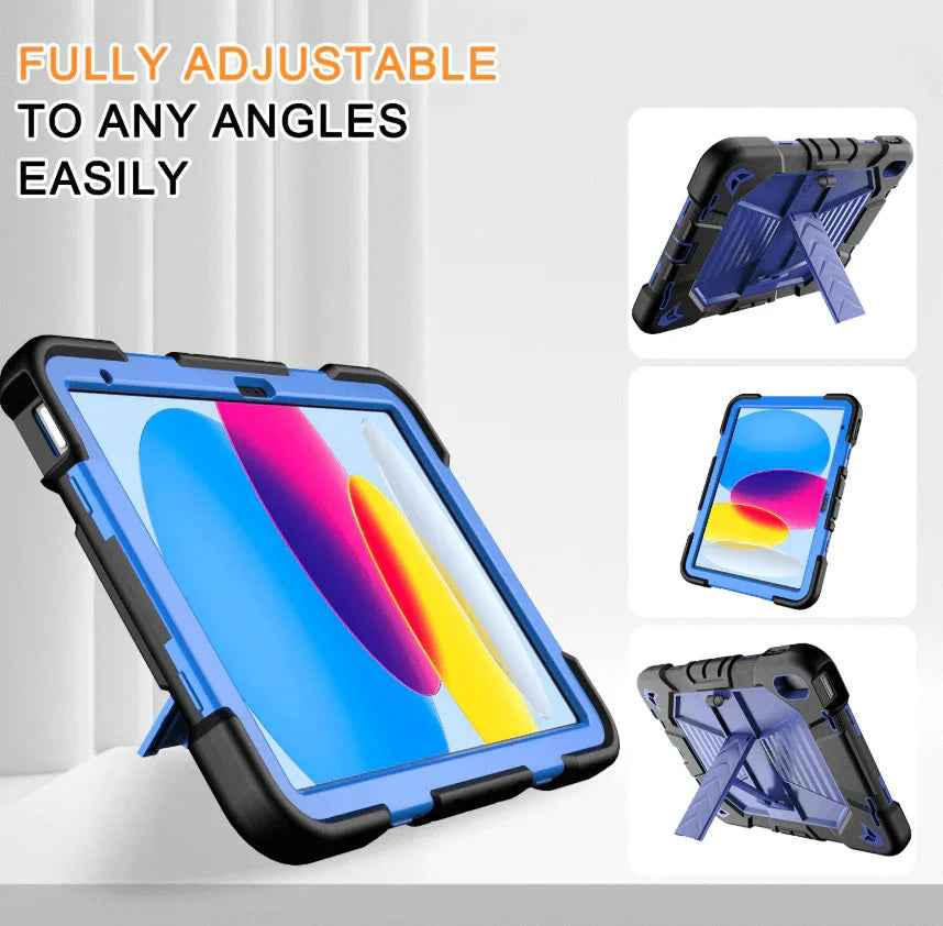 Black rugged TechPlus iPad 10th/11th Gen case with shockproof design, stand, and pencil holder for 10.9-inch tablets.