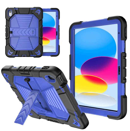 Black TechPlus rugged iPad 10th/11th Gen case with shockproof cover, stand, and pencil holder for 10.9-inch tablets.