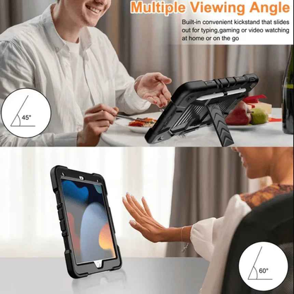 Black Rugged techplus iPad 10th/11th Gen case with shockproof cover, stand, and pencil holder, designed for 10.9-inch tablets.