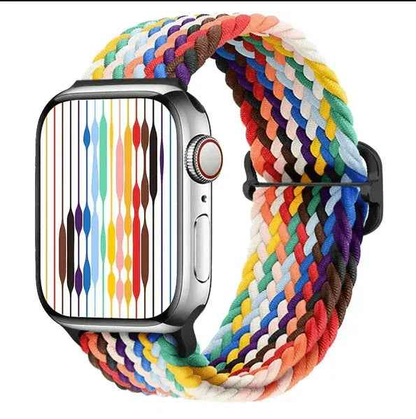 Techplus Apple Watch nylon band with rainbow braided design, adjustable, lightweight, and stretchy for comfortable wear.