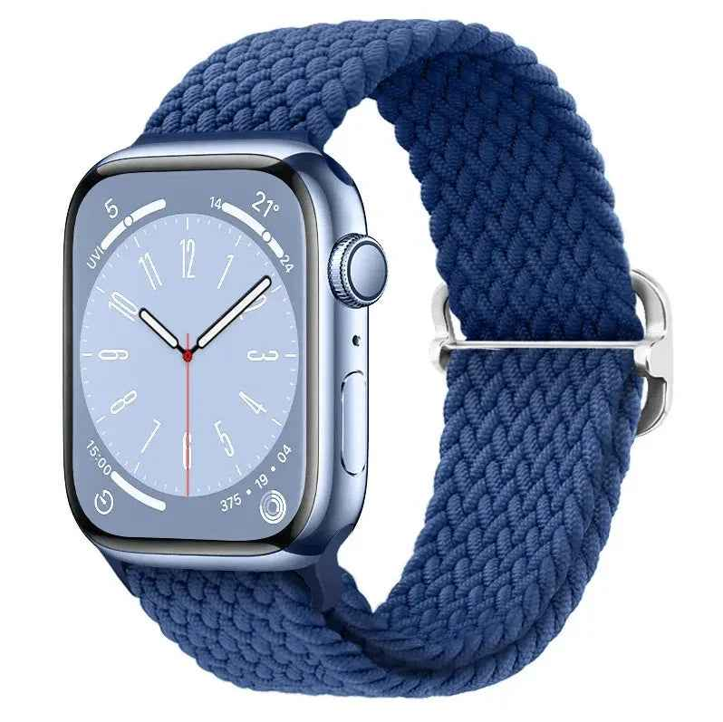 Techplus adjustable braided nylon Apple Watch band in rainbow colors, lightweight and stretchy for a comfortable fit.