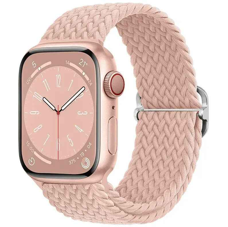 Techplus rainbow Apple Watch nylon band with adjustable braided design and lightweight stretchy material for 38mm to 42mm models.