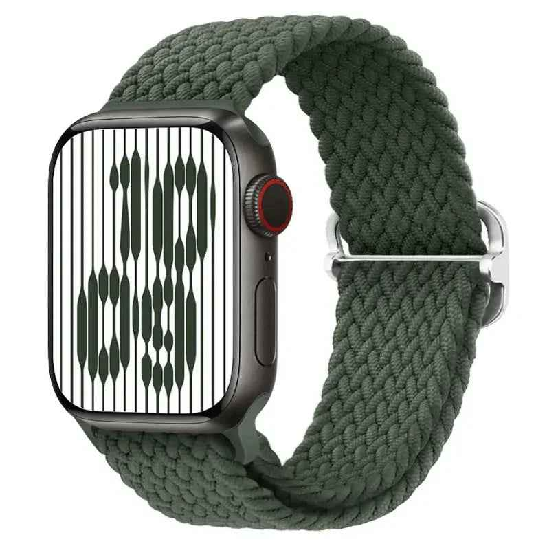 Techplus rainbow Apple Watch nylon band with adjustable braided design and lightweight, stretchy material for comfortable wear.