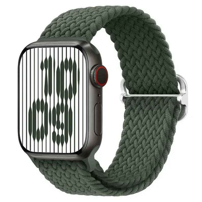 Techplus rainbow Apple Watch nylon band with adjustable braided design and lightweight, stretchy material for comfortable wear.
