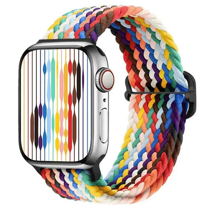 Techplus rainbow braided nylon Apple Watch band, adjustable and lightweight with a stretchy design for 38mm to 42mm models.