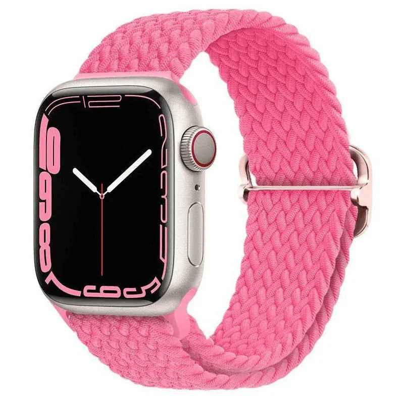 Techplus rainbow Apple Watch nylon band with adjustable braided design, lightweight and stretchy for comfortable wear.